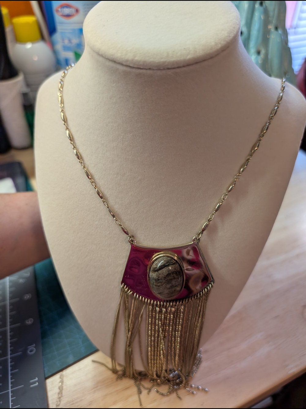 Gold Chain Necklace with Fuchsia Pendant and Stone Accent